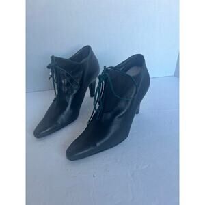 Authentic Loewe Black Leather Side Zip Almond Toe High Heel Blue Tie Booties 5